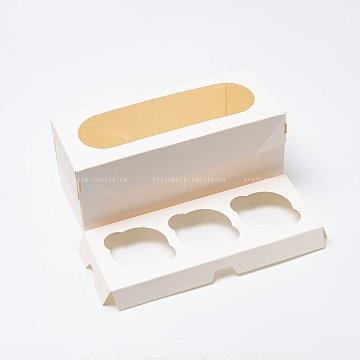  Коробка для 3 капкейков 25х10х10 см с окном, со вставкой, белая - Muf 3 PRO l WW (3)/под заказ 